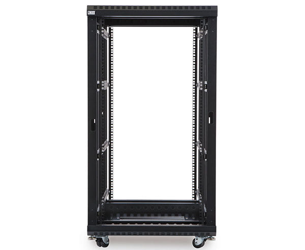22U LINIER server rack, front view with caster wheels, no doors visible