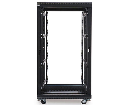 22U LINIER server rack, front view with caster wheels, no doors visible