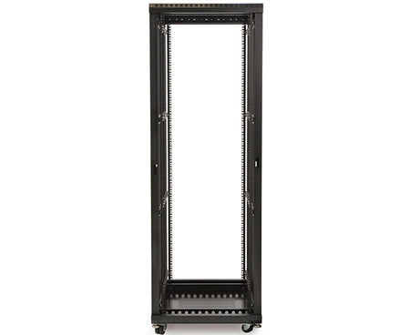 Frontal view of the 37U LINIER server cabinet with shelving units and mobility casters