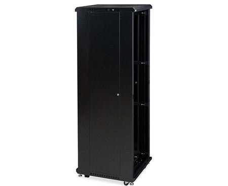 Front view of the 42U LINIER® Server Cabinet with wheels and a locking mechanism