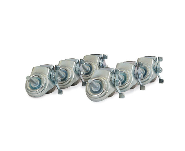 Set of six caster wheels for LAN station kit isolated on white