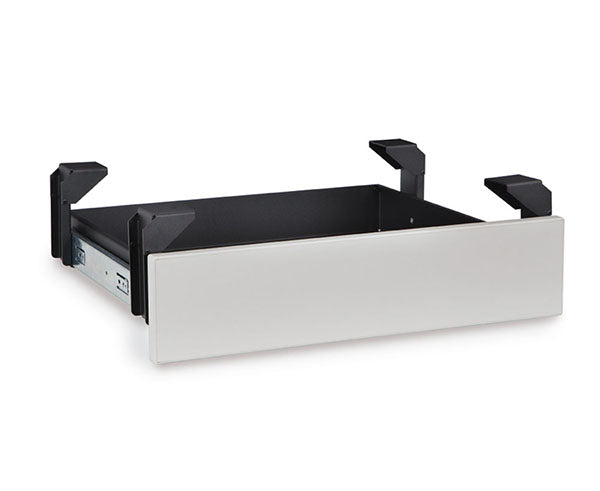 Top-down view of the Folkstone LAN station utility drawer with black supports