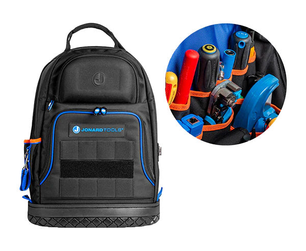 A utility backpack filled with an assortment of tools for technical work