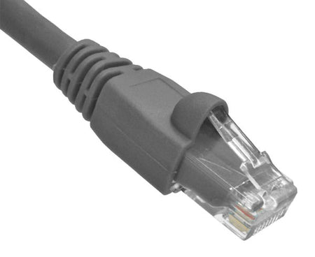 A gray Cat6A snagless unshielded Ethernet patch cable with an RJ45 connector