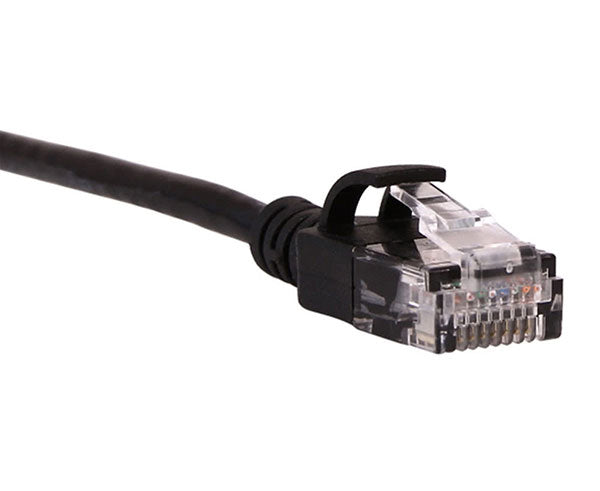 A black 0.5ft Cat6A slim Ethernet cable with unshielded connectivity
