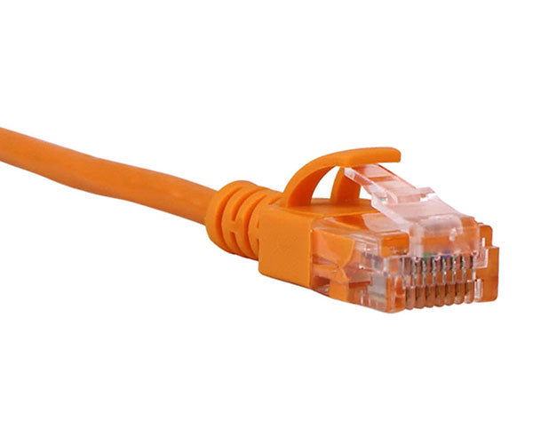 An orange 0.5ft Cat6A slim Ethernet cable on a white background