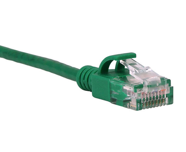 A 15ft Cat6A Slim Unshielded Ethernet Patch Cable in green with a focused shot on the cable