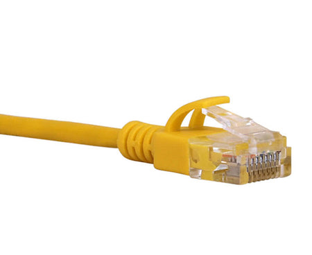 Slim yellow Cat6A Ethernet patch cable on a white background