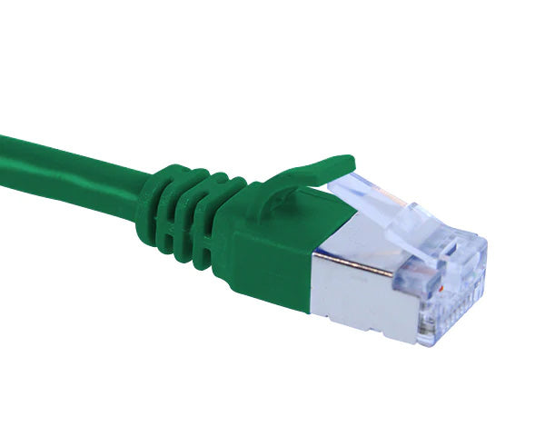 A green Cat6A slim shielded Ethernet patch cable on a white background