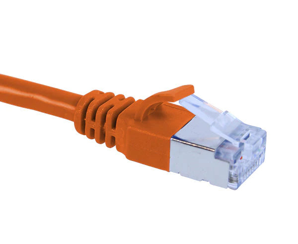 A orange Cat6A slim shielded Ethernet patch cable on a white background