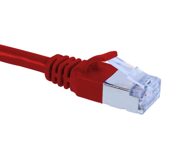 A red Cat6A slim shielded Ethernet patch cable on a white background