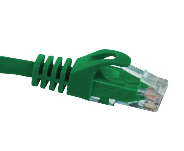 A 75ft green Cat6 snagless unshielded Ethernet patch cable on a white surface