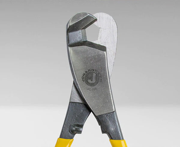 The 3/4" COAX cable cutter tool with insulated yellow handles against a white background