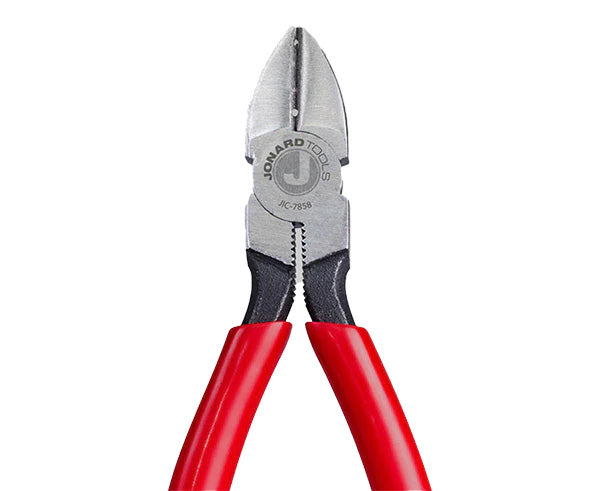 Red-handled 6.25-inch telecom diagonal cutting pliers against a white backdrop