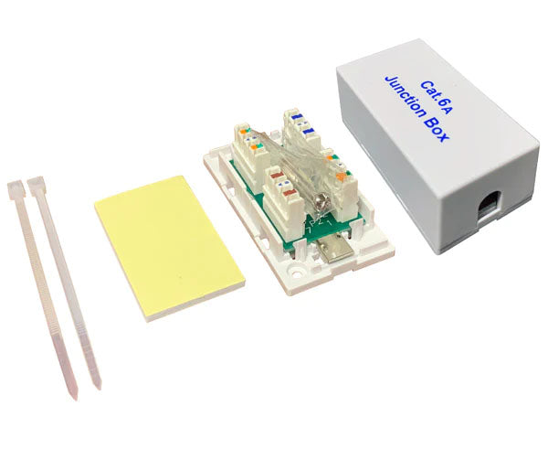 Open CAT6A junction box showing the 110 punch down block and white protective cover