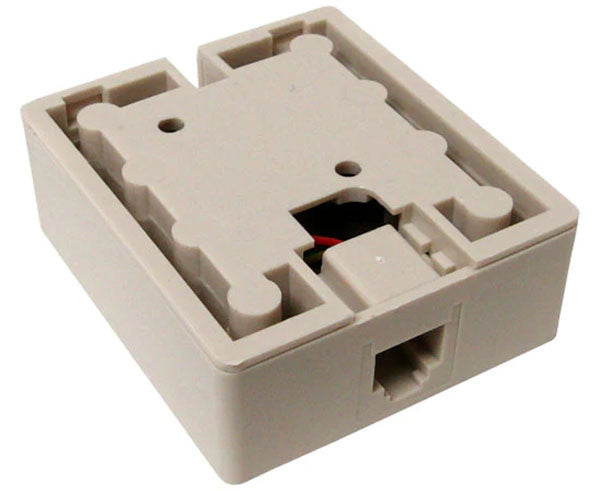 Ivory RJ11 surface mount box featuring a top entry port for cables