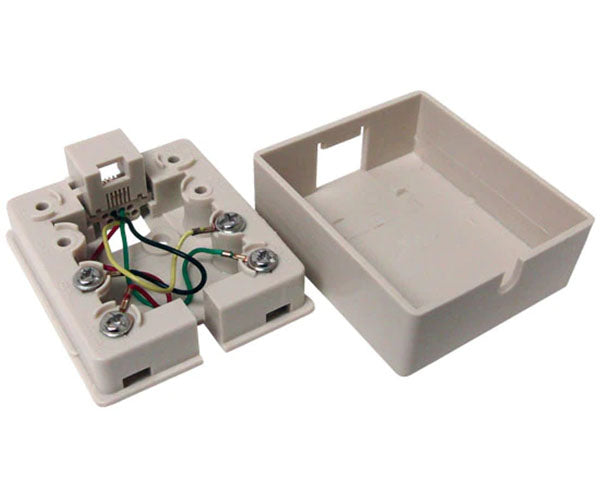 RJ11 surface mount box in white with a detachable plastic cover