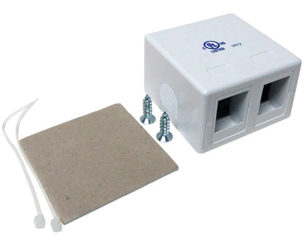 A white surface mount box designed for blank port customization with included hardware
