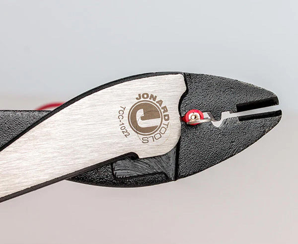 A 9-inch terminal crimper and cutter tool with red handles
