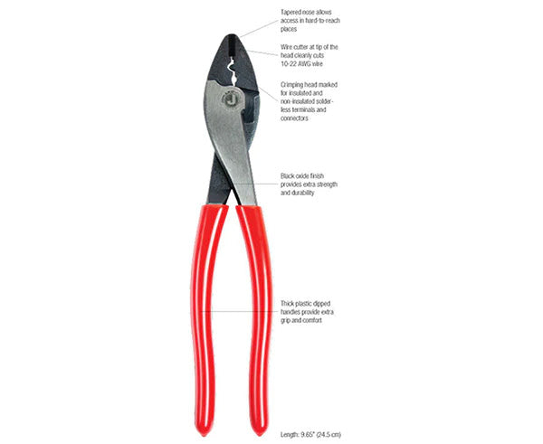 Close-up of the red-handled 9" Terminal Crimper & Cutter tool