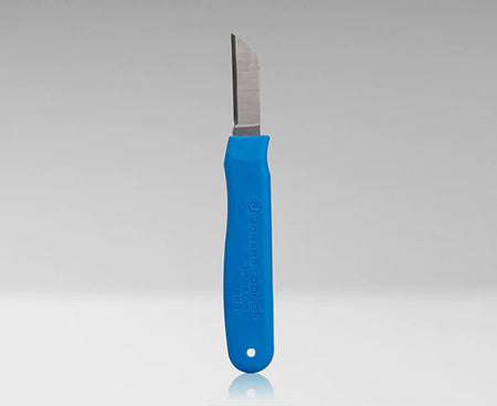 Blue-handled splicing knife on a grey workbench