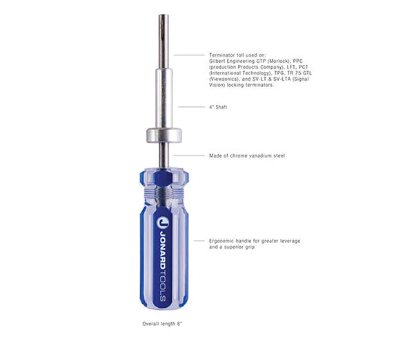 Close-up of the 7" Terminator Tool's blue and white ergonomic handle