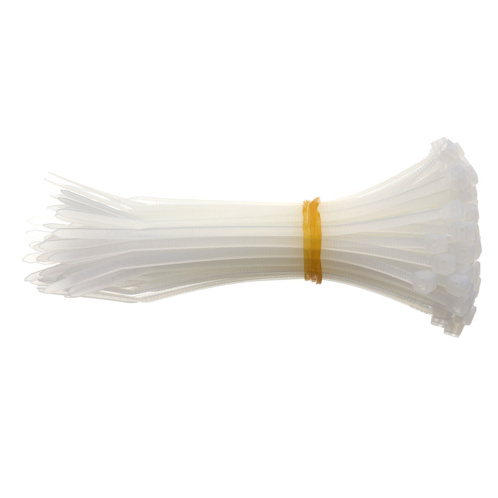 A pile of short, clear cable ties.