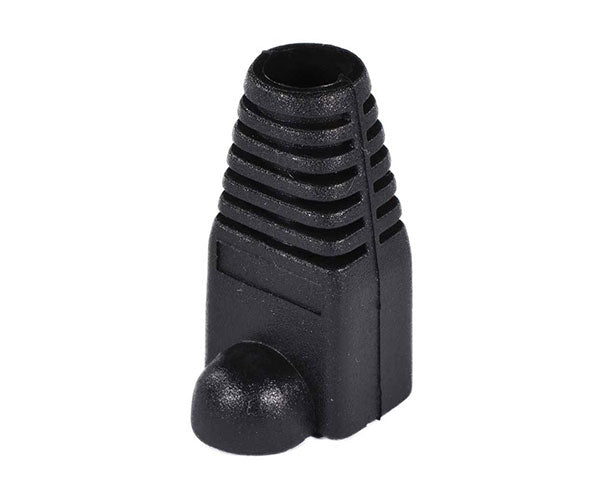 A black cat6a snagless slip-on boot with tab protector.