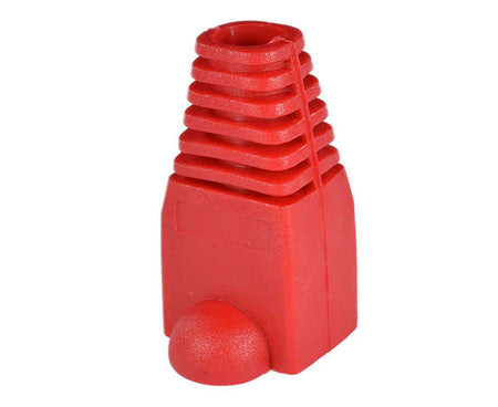 A red cat6a snagless slip-on boot with tab protector.