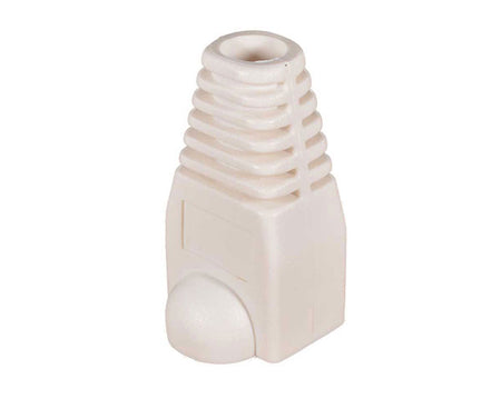 A white cat6a snagless slip-on boot with tab protector.