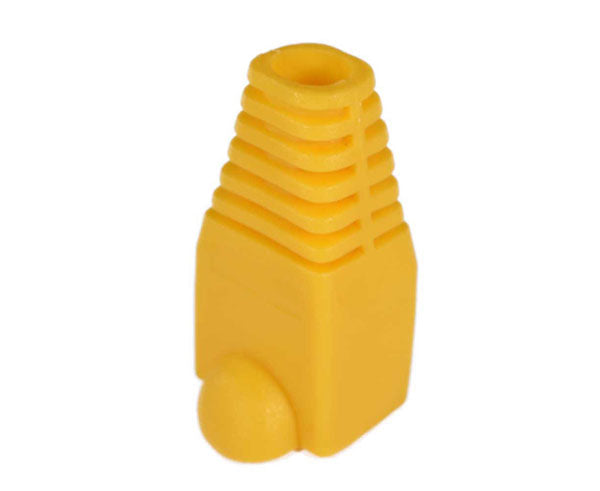 A yellow cat6a snagless slip-on boot with tab protector.