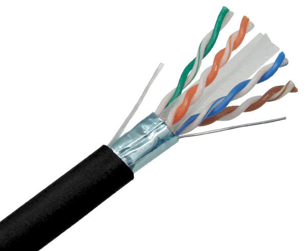 CAT6A shielded plenum bulk ethernet cable with black jacket.