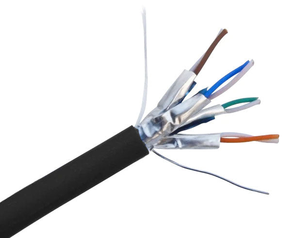 Shielded CAT6A slim stranded bulk ethernet cable with black jacket.