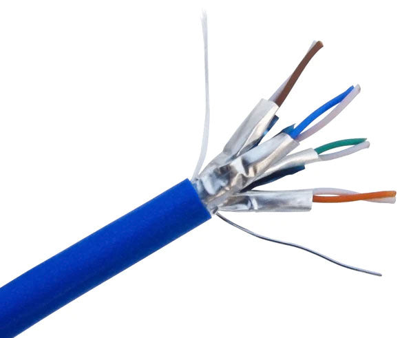 Shielded CAT6A slim stranded bulk ethernet cable with blue jacket.