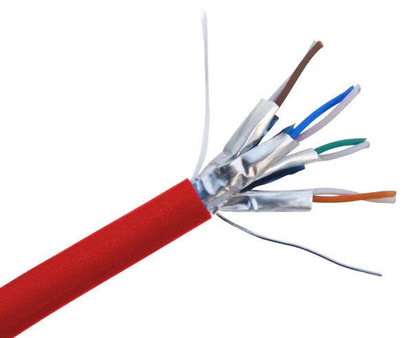 Shielded CAT6A slim stranded bulk ethernet cable with red jacket.