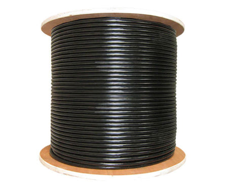 Double shielded CAT6 outdoor bulk ethernet cable on a wooden spool.