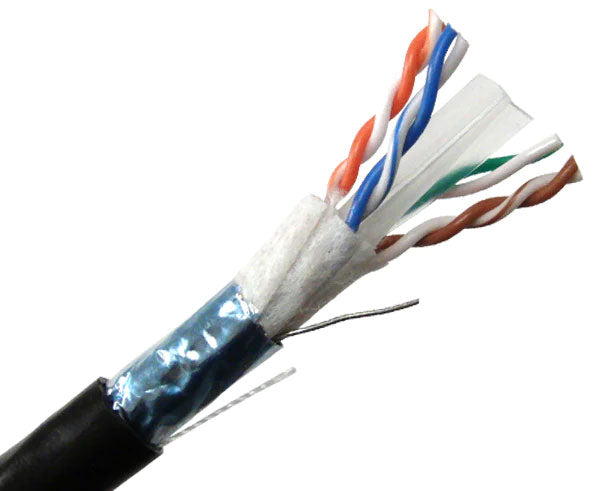 Shielded CAT6 outdoor bulk ethernet cable with black jacket, gel tape and rip cord.