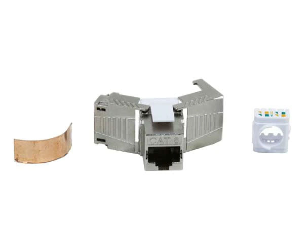 Cat8 shielded component rated keystone jack with copper strip, idc caps, locking tab and metal body.