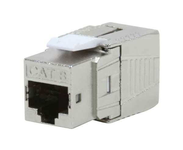 Cat8 shielded component rated keystone jack with locking tab and metal body.