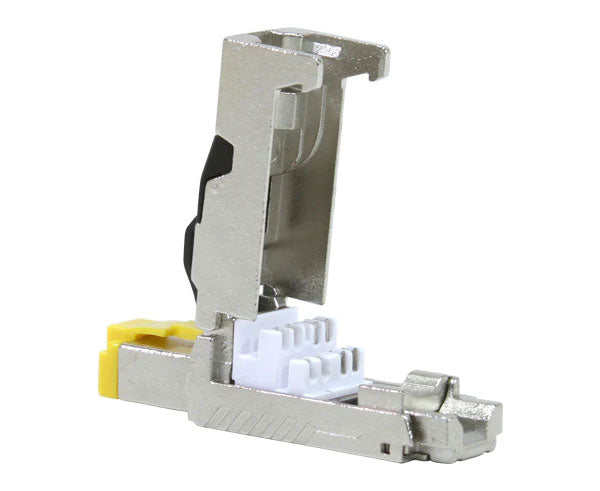 CAT8 shielded RJ45 field termination plug isolated on a white background