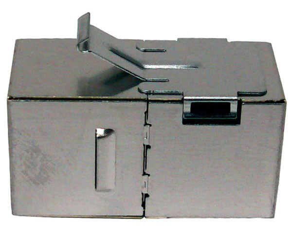 Cat5e shielded inline coupler with metal body and keystone latch.