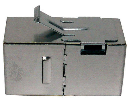 Cat5e shielded inline coupler with metal body and keystone latch.