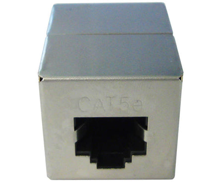 Cat5e shielded inline coupler with metal body and ethernet port.