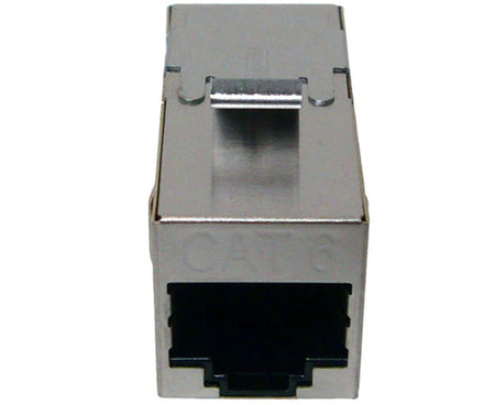 Cat6 shielded inline coupler with ethernet port and metal body.
