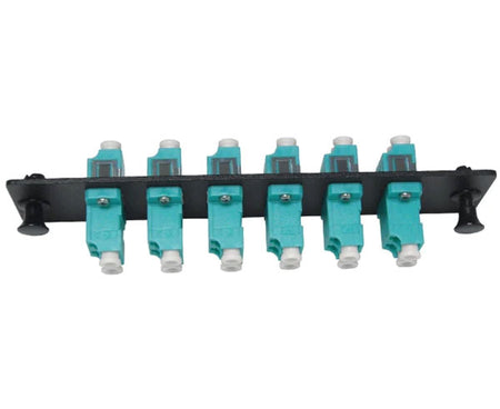OM3/OM4 LC multimode LGX adapter plate with 6 vertical duplex couplers and mounting clips.