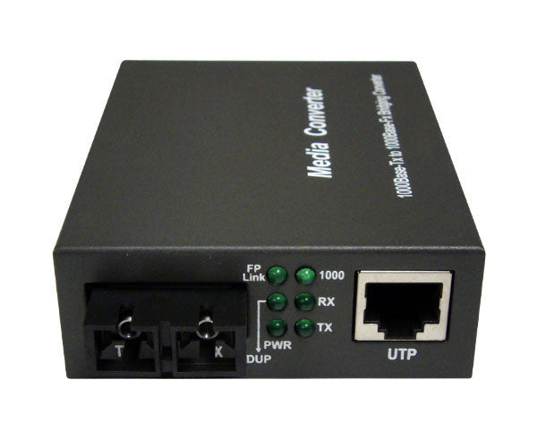 An RJ45 to duplex single-mode 100Base-FX SC fiber media converter showing both ports and LED's.