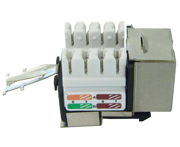 Cat5e shielded rj45 keystone jack with 90-degree contacts and t568 wiring label.