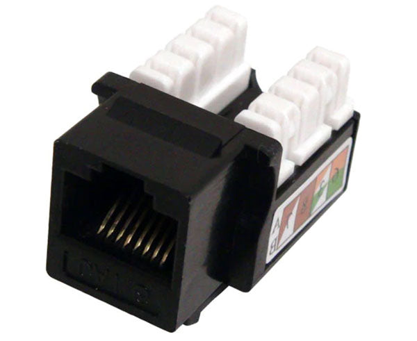 Black cat6 u-style unshielded keystone jack.