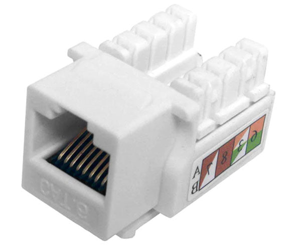 White cat6 u-style unshielded keystone jack.