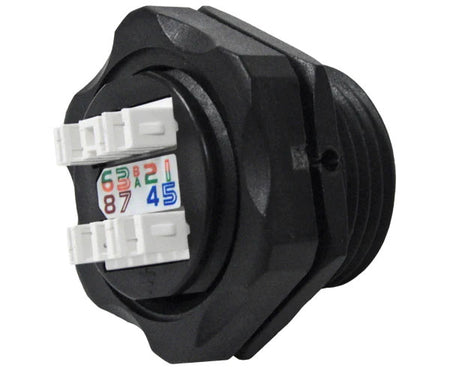 Cat6 IP67 outdoor rated shielded keystone jack with IDC connectors.